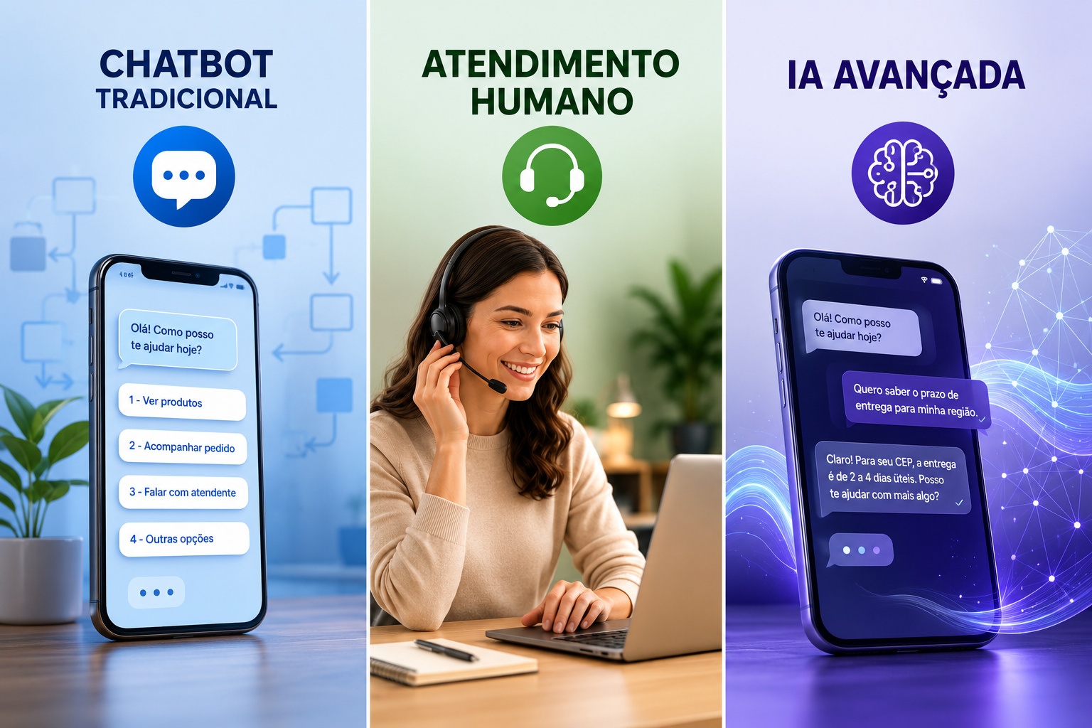 Atendimento via WhatsApp: comparação entre chatbots tradicionais, humano e IA avançada